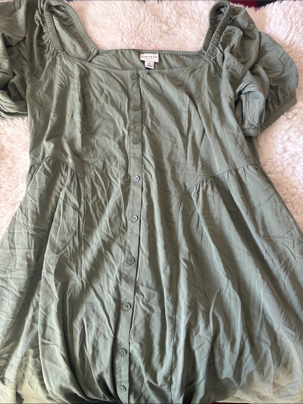 Ava & Viv Sage Green Button-Front Puff Sleeve Dress